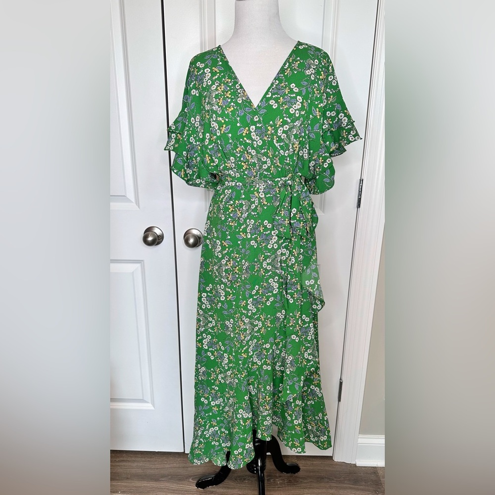 MAX STUDIO Women's Large Green Floral True Wrap Flutter Sleeve V-Neck Dress
